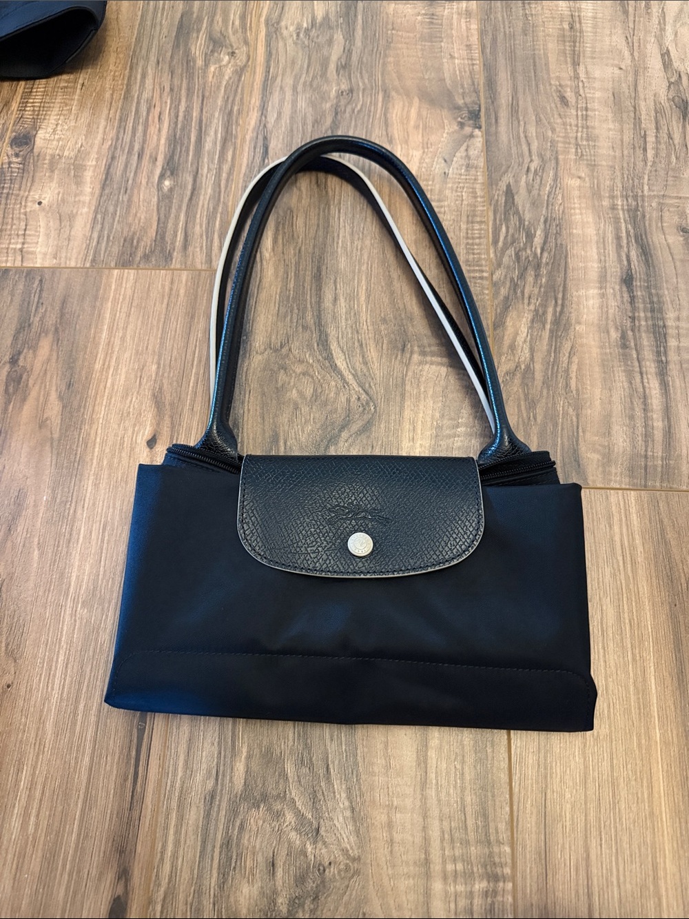 Longchamp Black Nylon Shoulder Tote with Leather Flap